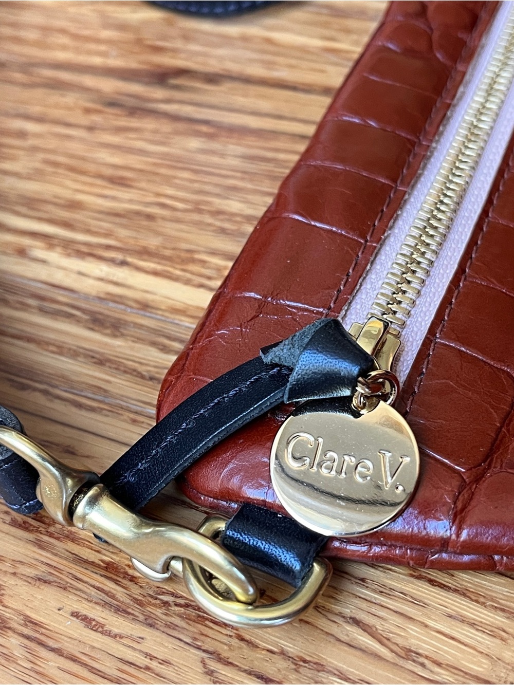 Clare V Croc-Embossed Grande Fanny in Chestnut Brown - Picture 2 of 5